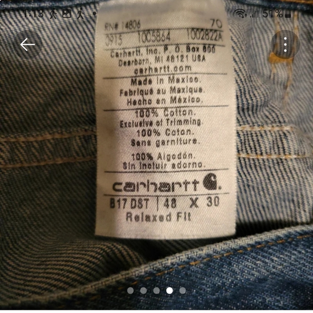 Carhartt Mens relaxed fit straight leg denim blue jeans Big & Tall size 48×30 - Picture 4 of 4